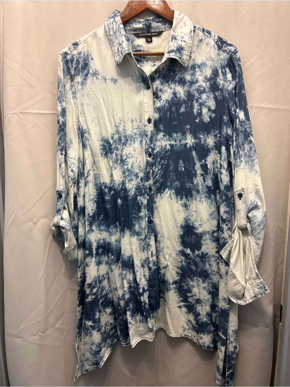 Zac & Rachel Blue and White Tie-Dye Button Oversized Down Shirt